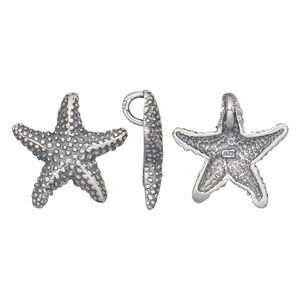 Charm, antiqued sterling silver, 18x18mm single-sided starfish. Sold individually.