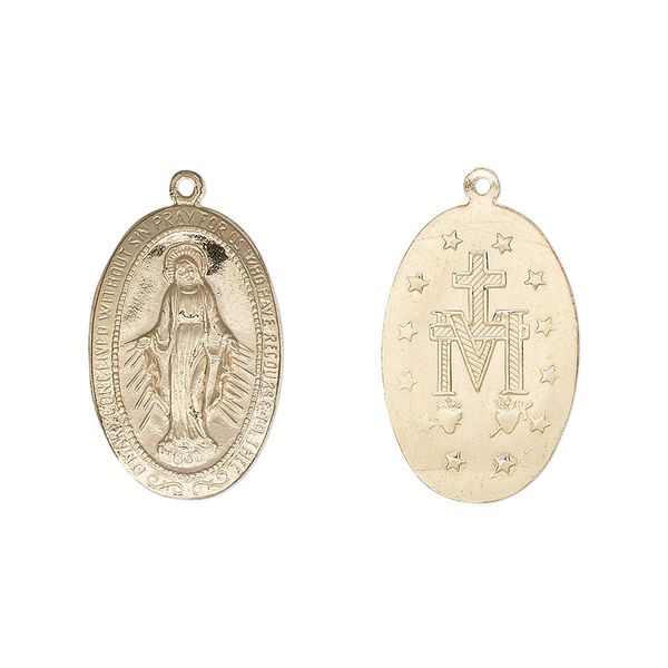 Drop, 14Kt gold-filled, 19x13mm two-sided oval with Mother Mary. Sold individually. image number 0