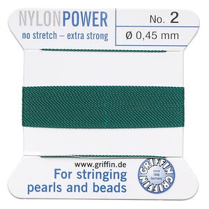 Thread, Griffin, nylon, green, size #2. Sold per 2-meter card (approximately 78 inches).