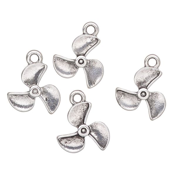 Charm, antique silver-finished "pewter" (zinc-based alloy), 14x13mm propeller. Sold per pkg of 4. image number 0