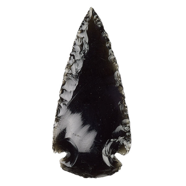 Focal, black obsidian (natural), opaque to semitransparent, 2x1-1/8 to 2-2/3x3/8-inches hand-knapped undrilled arrowhead, B- grade, Mohs hardness 5 to 5-1/2. Sold individually. image number 0