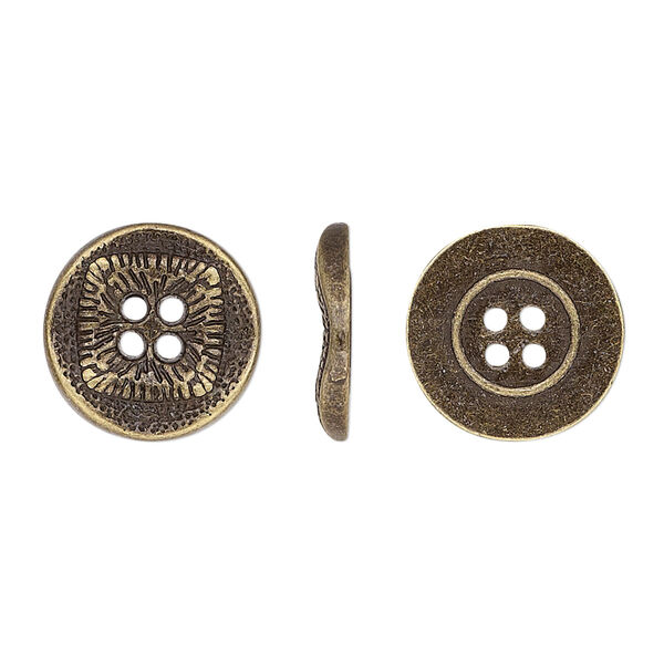 Button, antiqued brass-finished "pewter" (zinc-based alloy), 15mm single-sided wavy flat round with textured square design. Sold per pkg of 20. image number 0