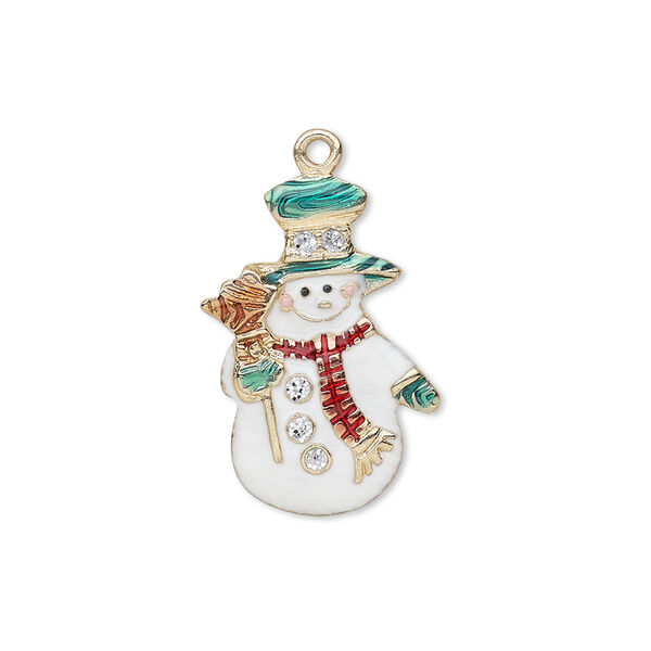 Charm, enamel and gold-finished "pewter" (zinc-based alloy), multicolored with glitter, 23x15mm single-sided snowman with hat / broom / scarf. Sold individually. image number 0