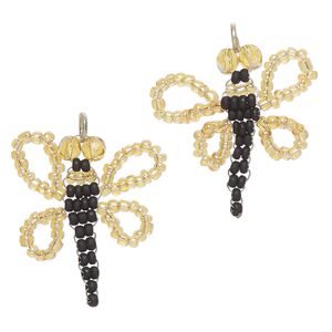 Drop, "pewter" (zinc-based alloy) and glass, pkg/2, 29-31mm dragonfly, silver finish / black / topaz AB.