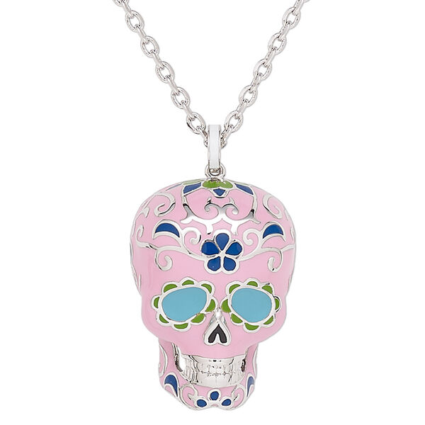 Necklace, enamel / glass rhinestone / silver-plated brass, multicolored, 34x26mm Dia de Los Muertos skull with flower and swirl design, 24 inches with 2-inch extender chain and lobster claw clasp. Sold individually. image number 0