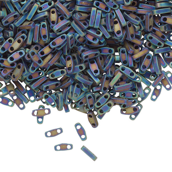 Seed bead, TILA®, glass, pkg/250g, 5x1.2mm quarter tila rectangle, opaque matte rainbow black, (QTL-401FR). image number 0