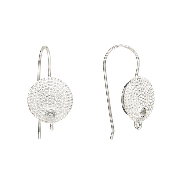 Sterling silver / white topaz 1pkg2, textured flat round ear wire natural, fishhook / closed loop 22 gauge 20mm / 11mm image number 0