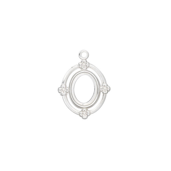 Drop, sterling silver, 16x13mm oval with flower and 8x6mm oval setting. Sold per pkg of 2. image number 0