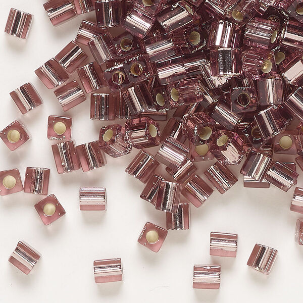 Seed bead, Miyuki, glass, pkg/25g, 3.5-3.7mm square, transparent silver-lined pink (SB-12). image number 0