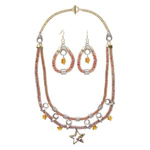 Necklace and earring set, One of a Kind Jewelry, glass / stainless steel / crystal / brass, multicolored, 27 inches with toggle clasp and 3 inches with fishhook ear wire. Only one available.