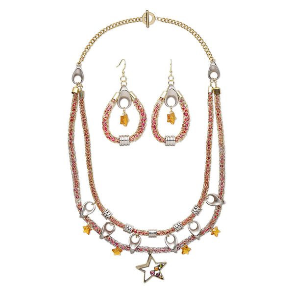 Necklace and earring set, One of a Kind Jewelry, glass / stainless steel / crystal / brass, multicolored, 27 inches with toggle clasp and 3 inches with fishhook ear wire. Only one available. image number 0