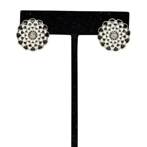Earstud, glass rhinestone with gold-finished steel and "pewter" (zinc-based alloy), black / white / clear, 20mm flower with post. Sold per pair. image number 0