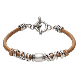 Bracelet, leather (natural) / steel / pewter (tin-based alloy), tan, 16x13mm barrel with wrapped design, 7-1/2 inches with toggle clasp. Sold individually.