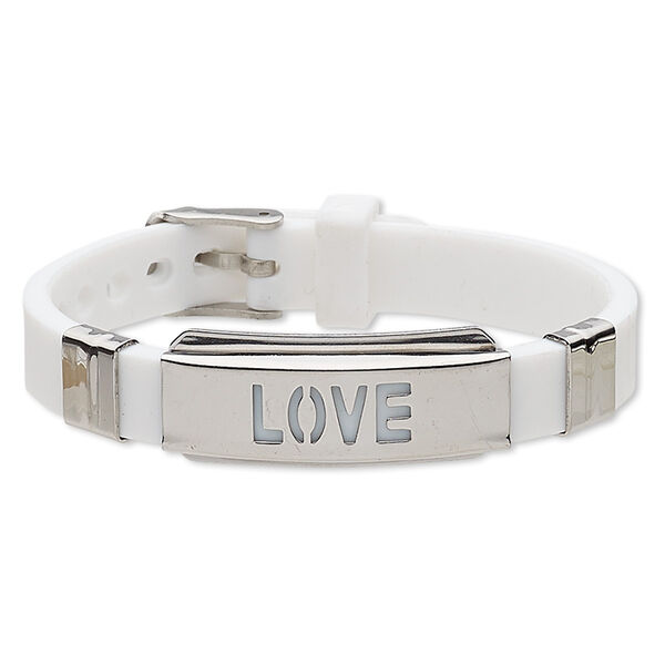 Bracelet, Softique™, silicone and stainless steel, white, 16mm wide with 39x16mm curved rectangle and cutout "LOVE," adjustable from 5-1/2 to 7-1/2 inches with buckle-style closure. Sold individually. image number 0