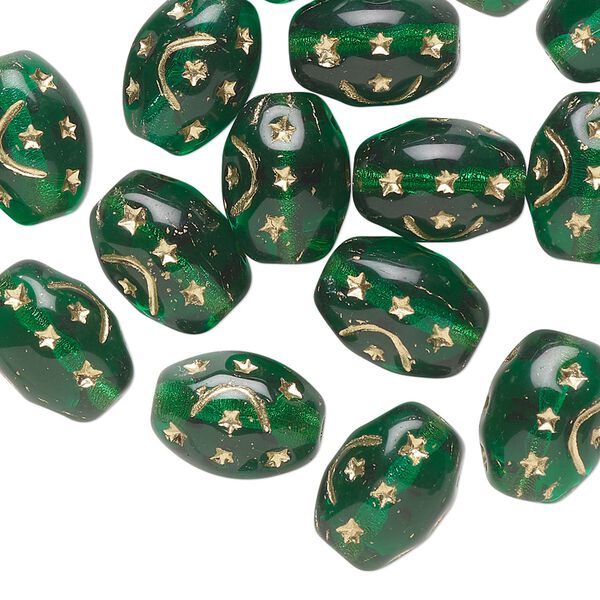 Bead, Preciosa, Czech pressed glass, translucent teal, 12x9mm barrel with gold painted moon and stars. Sold per pkg of 16. image number 0