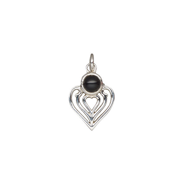 Black onyx / sterling silver 1pkg1, antiqued heart drop 14x11mm image number 1