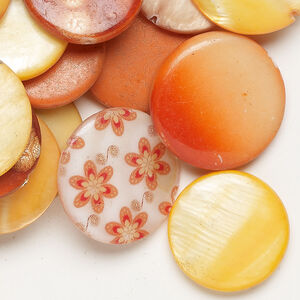 Mother-of-pearl shell 1pkg6oz, puffed flat round bead mix multi-orange 17-20mm