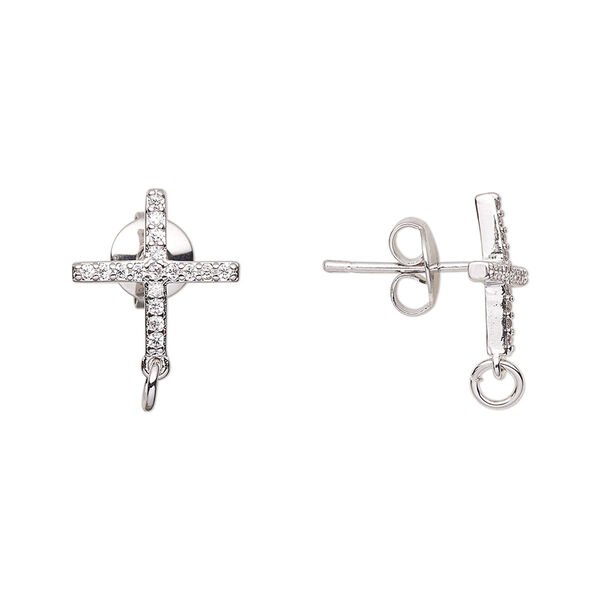Earstud, cubic zirconia and imitation rhodium-plated brass, clear, 14x12mm cross with loop and open jump ring. Sold per pair. image number 0