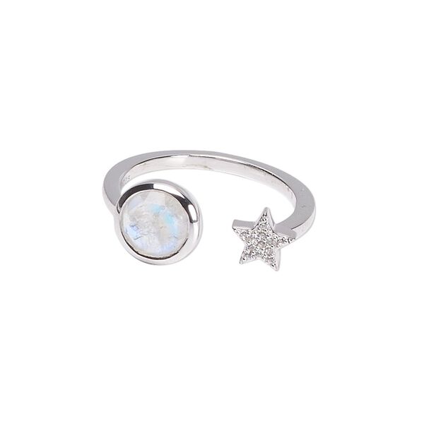 Ring Create Compliments® 1pkg1 rainbow moonstone / cubic zirconia / sterling silver, 8.5mm size 8 star / moon, size 8.clear / rhodium plate image number 0