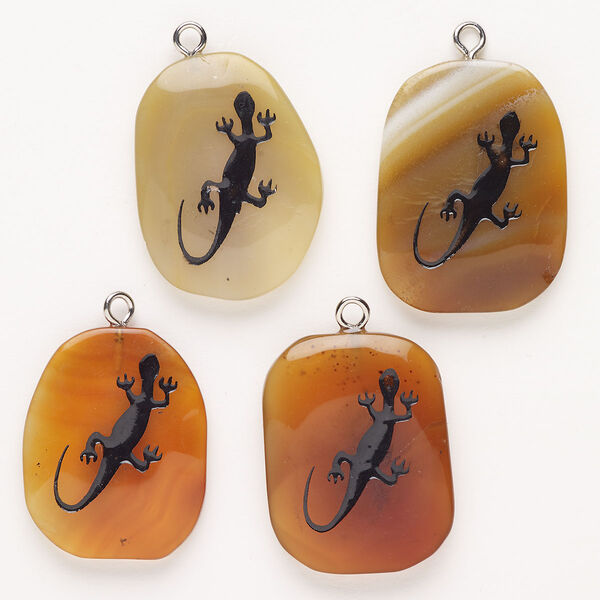 Focal, steel/red agate (dyed/heated)/enamel, pkg/1, silver finish and black, 30x24-39x27mm puffed freeform with salamander. image number 0