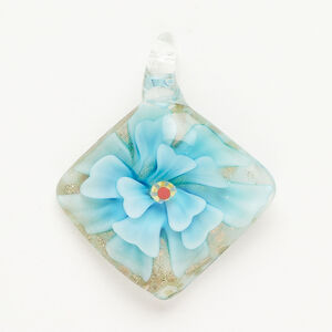 Pendant, lampworked glass, translucent and transparent clear and multicolored, 43x26-48x42mm diamond with copper-colored glitter. Sold individually.
