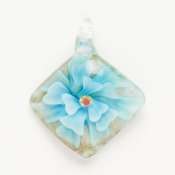 Pendant, lampworked glass, translucent and transparent clear and multicolored, 43x26-48x42mm diamond with copper-colored glitter. Sold individually. image number 0