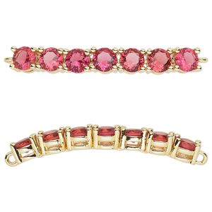 Focal, cubic zirconia and gold-plated brass, fuchsia, 40x5mm curved rectangle. Sold individually.