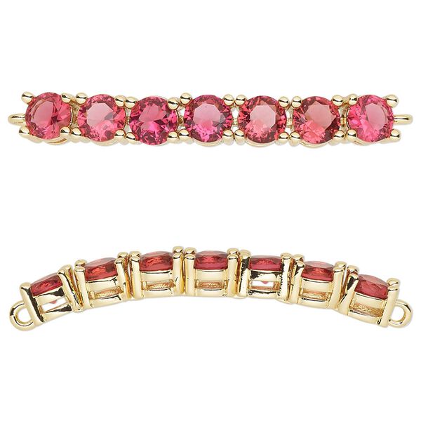 Focal, cubic zirconia and gold-plated brass, fuchsia, 40x5mm curved rectangle. Sold individually. image number 0