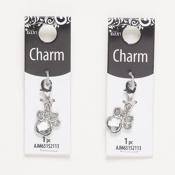 Charm, silver-finished "pewter" (zinc-based alloy) / steel / acrylic, clear, 16x14.5mm single-sided paw print with lobster claw clasp. Sold per pkg of 2. image number 0