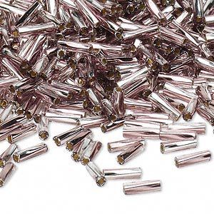 Bead, Miyuki, bugle bead, glass, pkg/50 g, 6x2mm twisted, silver-lined translucent plum/clear (TW-3933).