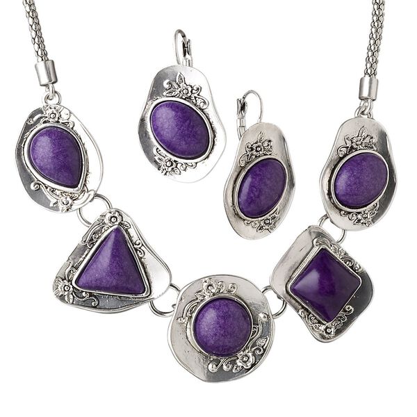 Necklace and earring set, acrylic and antiqued "pewter" (zinc-based alloy) with floral texture, purple, 33.5x25mm multi shaped cabochon in setting, 16-inches with lobster claw clasp and 3-inch extender chain, leverback earwires. Sold per set. image number 0