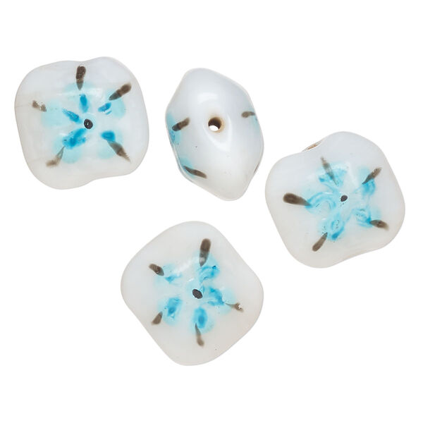 Bead, lampworked glass, opaque white / black / sky blue, 17-16mm-14x13mm puffed rectangle with double-sided painted flower design. Sold per pkg of 4. image number 0
