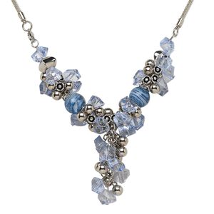 Necklace, acrylic / lampworked glass / silver-plated brass / steel / silver-coated plastic, blue, 2-inch dangle, 22 inches with lobster claw clasp. Sold individually.