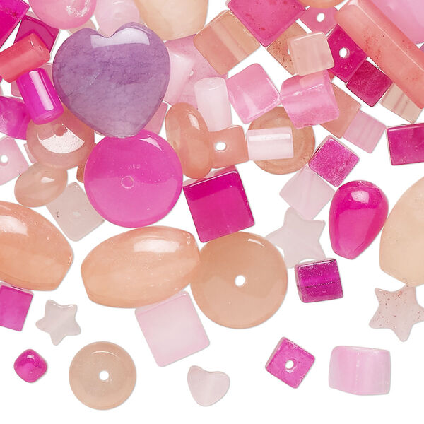 Bead mix, quartz (dyed), multi-pink, 2mm-19x13mm mixed shapes, C- grade, Mohs hardness 7. Sold per 2-ounce pkg. image number 0