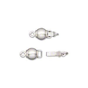 Clasp tab 1pkg2 satin silver-plated, 6mm round / safety latch, brass 1-strand