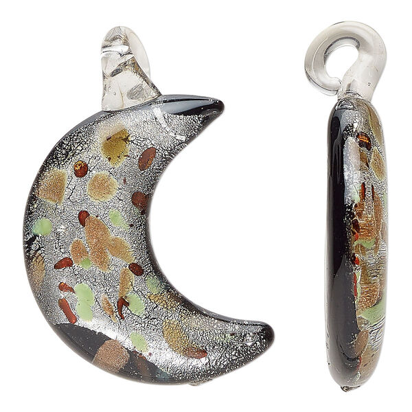 Focal, lampworked glass, multicolored, 38x26mm-43x32mm moon with copper-colored glitter and silver-colored foil. Sold individually. image number 0