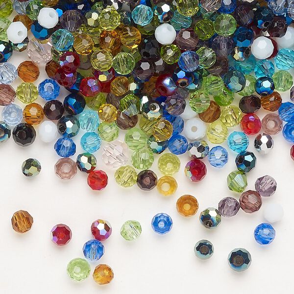 Bead 1pkg1 glass, 3-4mm faceted round, 1 ounce mix opaque to transparent mixed colors image number 0