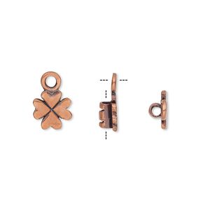 Crimp end, antique copper-plated brass, 8mm 4-leaf clover with loop, 2mm inside diameter. Sold per pkg of 2.