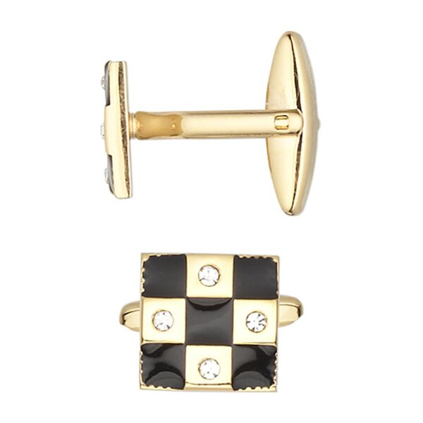 Cuff link, epoxy / glass rhinestone / gold-plated brass, black and clear, 14x14mm square with checkerboard design. Sold per pair. image number 0