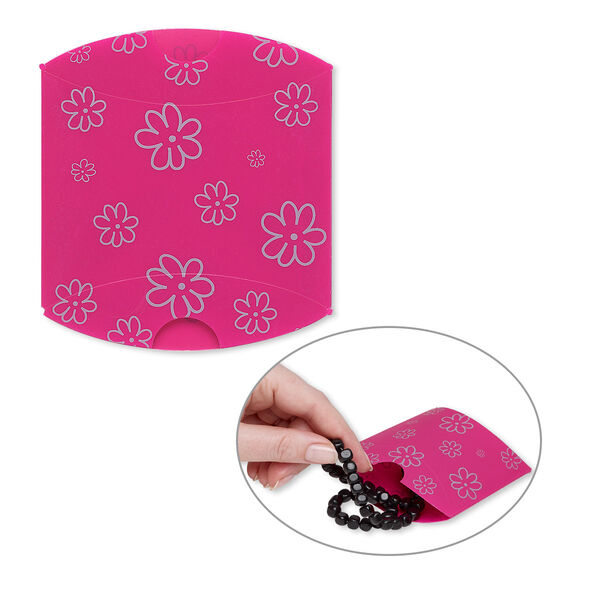 Box, PVC plastic, opaque pink and silver, 3-1/2 x 2 x 1-inch assembled pillow with flower design. Sold per pkg of 10. image number 0