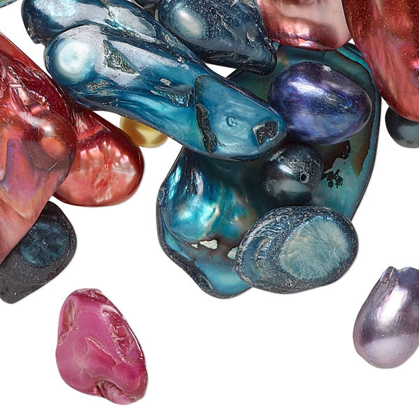 Pearl mix, cultured freshwater (bleached / dyed), mixed colors, 6mm-30x3mm mixed shapes with 0.4-0.6mm hole, D- grade, Mohs hardness 3-1/2. Sold per 1/4 pound pkg, approximately 160-200 pearls. image number 0