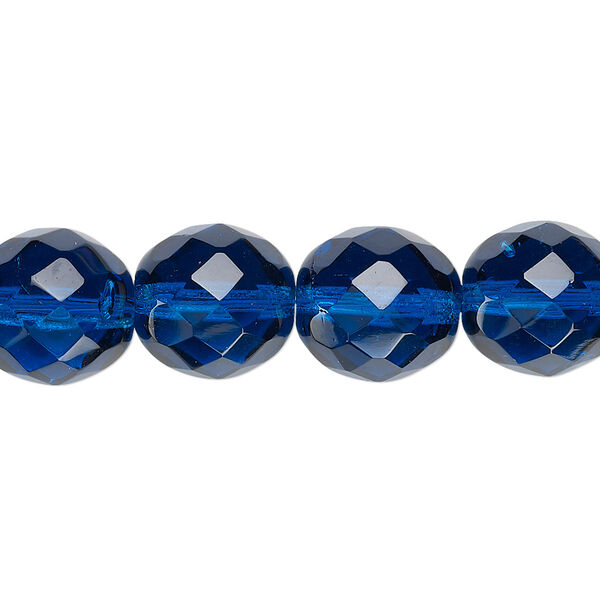 Bead, Czech fire-polished glass, pkg/15-1/2 to 16 inches, 12mm faceted round, transparent dark aqua blue, (60080). image number 0