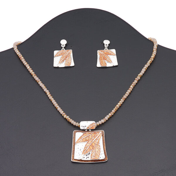 Necklace and earring set, glass / enamel / silver-finished brass / steel / "pewter" (zinc-based alloy), champagne AB / brown / rust, 35x32mm rectangle with leaf design, 16 inches with 3-inch extender chain and lobster claw clasp, 32mm with leaf design and post. Sold per set. image number 0