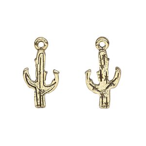 Charm, antique gold-plated pewter (tin-based alloy), 17.5x11mm double-sided cactus. Sold per pkg of 2.