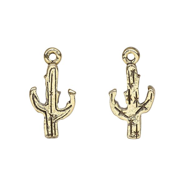 Charm, antique gold-plated pewter (tin-based alloy), 17.5x11mm double-sided cactus. Sold per pkg of 2. image number 0