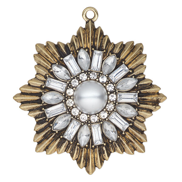 Focal, antique gold-finished "pewter" (zinc-based alloy) and glass, clear / white,  2-1/4x2-1/4-inch single-sided star with glass pearl and glass chatons. Sold individually. image number 0