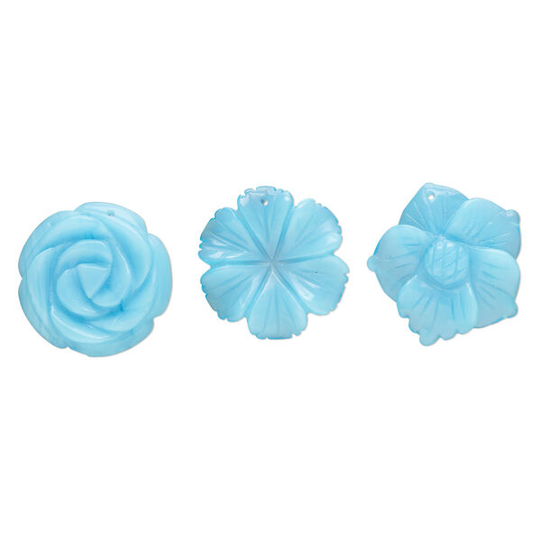 Focal mix, glass, translucent light blue, 40x35mm-40x40mm top-drilled carved flower. Sold per pkg of 3. image number 0