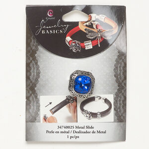 Slider bead 1pkg1, antique silver-finished brass and acrylic, blue, 19mm fancy square with scroll.