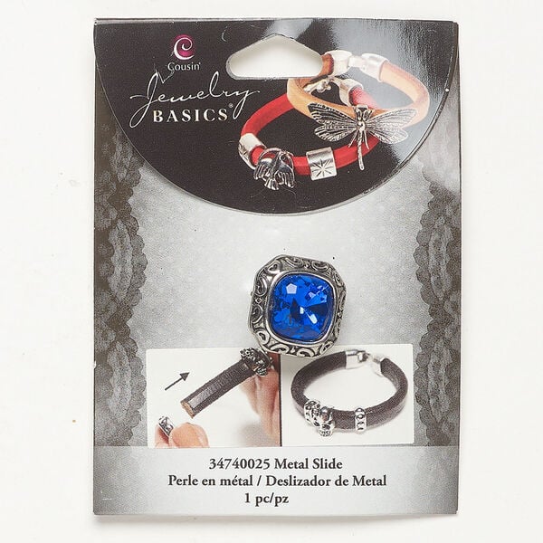 Slider bead 1pkg1, antique silver-finished brass and acrylic, blue, 19mm fancy square with scroll. image number 0