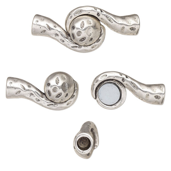 Clasp, magnetic, antique silver-plated "pewter" (zinc-based alloy), 48x22mm double-sided hammered swirl with glue-in ends, 6mm hole. Sold individually. image number 0